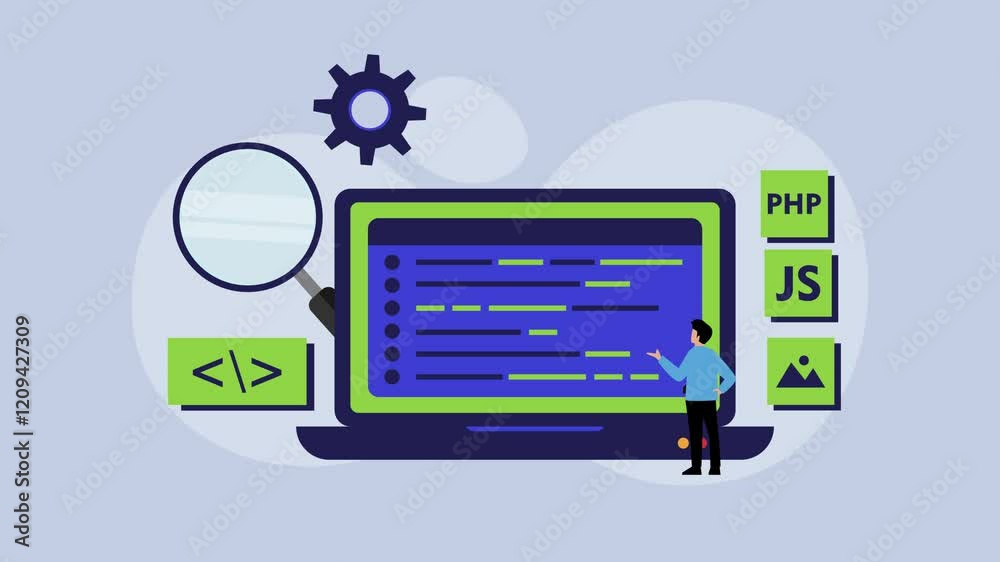 Web Developer Coding on Laptop - Programming and Software Development cartoon animation