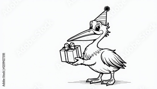 Cartoon Black-and-White Pelican in Festive Hat Holding Gift Against White Background photo