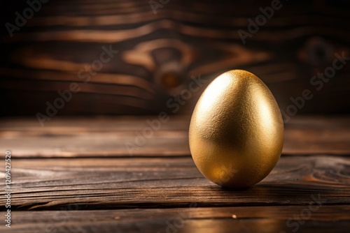 Golden Egg on Rustic Wood - Copy Space for Easter, Spring, or Luxury Design photo