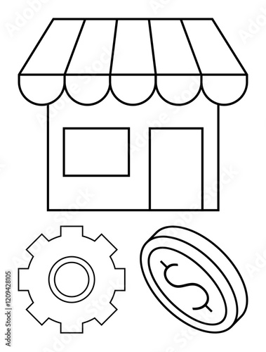 Shop building, gear for process, and coin for money. Ideal for entrepreneurship, retail, commerce, development, finance investment startup ideas. Abstract line flat metaphor