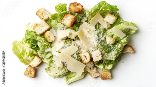 A classic Caesar salad with crisp romaine lettuce, garlic croutons, shaved Parmesan cheese