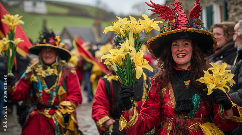 Saint David's Day celebration in Wales, people wearing traditional costumes with red and black colors, carrying yellow lilies and red dragon flags, Ai generated images Saint David's Day celebration in Wales, people wearing traditional costumes with red and black colors, carrying yellow lilies and red dragon flags, Ai generated images
