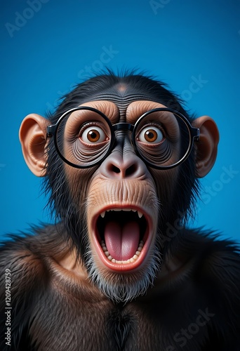 Surprised Chimpanzee Wearing Glasses Blue Background Detailed Portrait photo