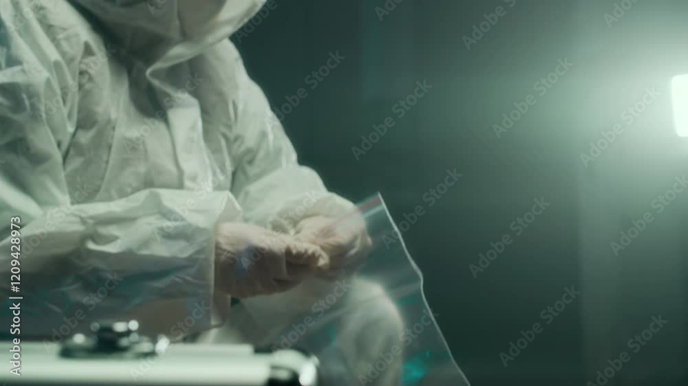 Closeup lowkey shot of concentrated forensic expert in protective overalls putting evidence into transparent bag under blinking police light at crime scene
