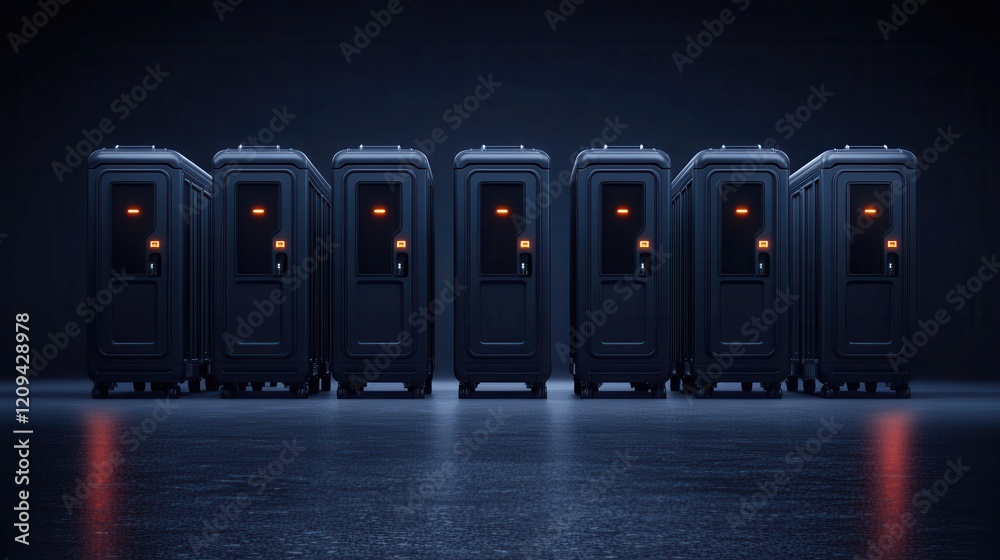 Fototapeta premium Sleek Black Portable Storage Units in a Dark Industrial Background with Soft Lighting Effects