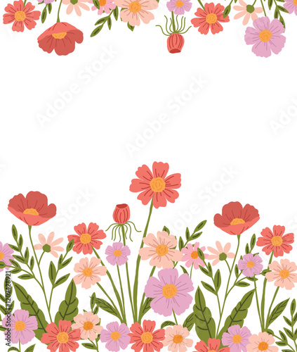 Vector flower frame with bright pink, purple and red flowers and juicy green leaves. Perfect for invitations, greeting cards, or spring-themed decorations.