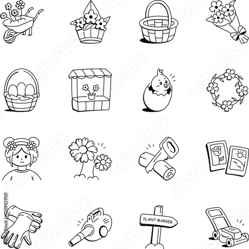 Set of Doodle Style Springtime and Blooming Icons

