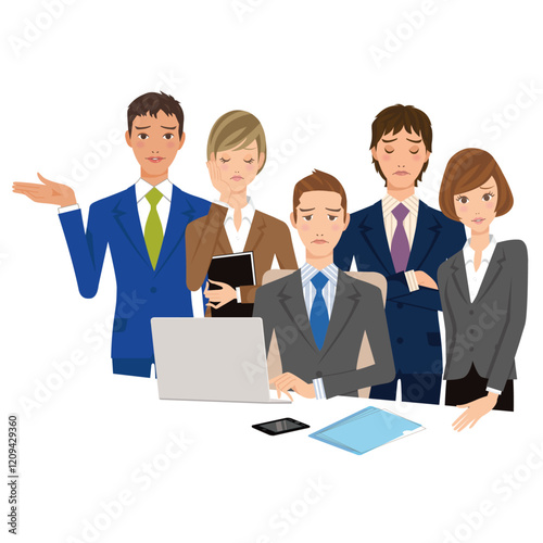 パソコンの前に残念な顔の表情で会社員が集まってる