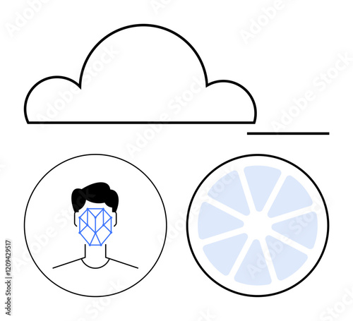 Cloud outline above facial recognition in a circle and pie chart segment visual. Ideal for artificial intelligence, cloud computing, data analysis, secure storage, biometrics, technology concepts