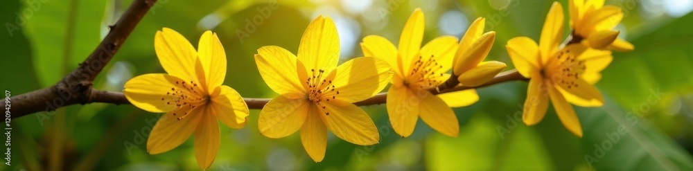 Yellow banana flowers in full bloom on a tree branch, background, yellow, nature Yellow banana flowers in full bloom on a tree branch, background, yellow, nature