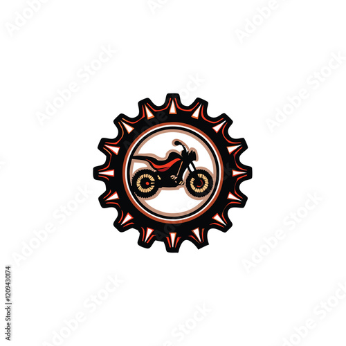An iconic gear shape with a motorbike silhouette cut out of its center, creating a dynamic and minimalist design.