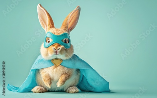 A playful rabbit in a superhero costume with a blue cape and a mask, sitting on a soft pastel green background photo