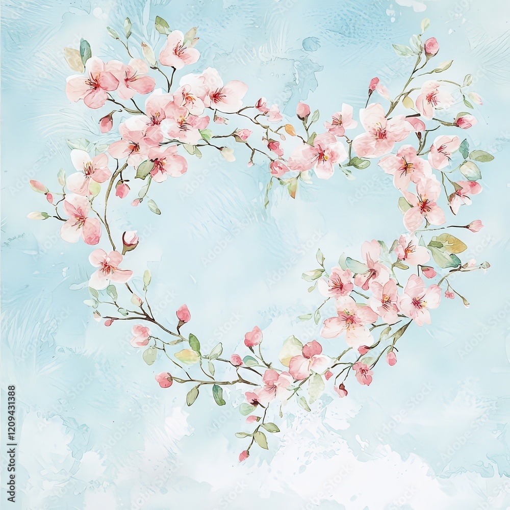Fototapeta premium Blooming Love: Delicate blossoms in shades of pink and white artfully arranged in a heart shape against a soft, ethereal backdrop, expressing a message of love and affection.