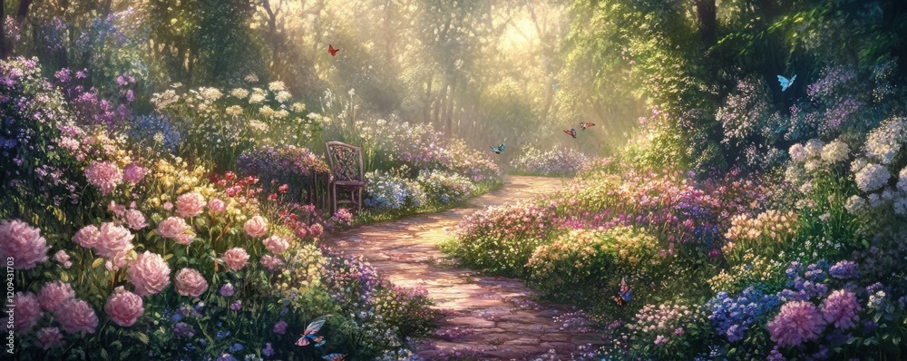 A tranquil garden filled with blooming flowers and winding pathways, where birds sing and butterflies flutter. A tranquil garden filled with blooming flowers and winding pathways, where birds sing and butterflies flutter.