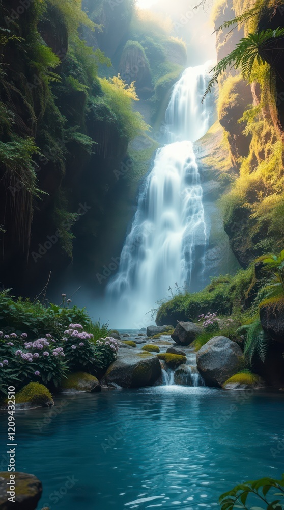 A lush hidden valley cascading waterfall. A lush hidden valley cascading waterfall.