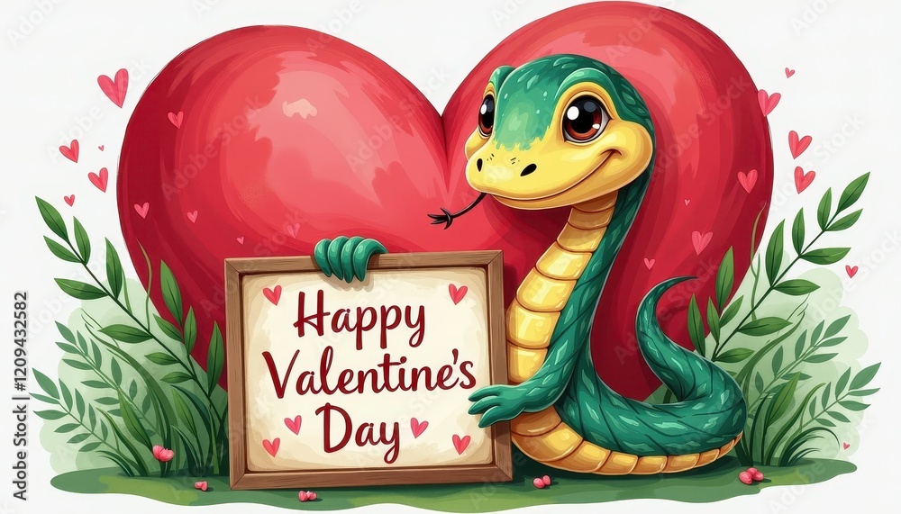 Fototapeta premium Vibrant Snake Sign Celebrates Valentine's Day Against Heart-Shaped Backdrop
