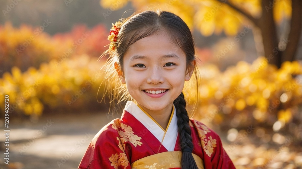 young girl in traditional attire, wearing a bright red and gold dress, smiles happily in an autumn setting. Her natural beauty shines in the warm light, surrounded by vibrant yellow foliage