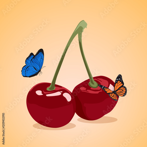 Realistic vector illustration of two cherries with butterflies resting on them. A fresh and elegant fruit concept, perfect for healthy food ads, packaging, or summer-themed designs
