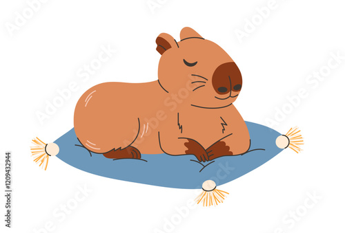 Cute funny capybara lying on cushion. Happy capy asleep. Lazy capibara animal relaxing, chilling, sleeping. Flat illustration isolated on white background.
