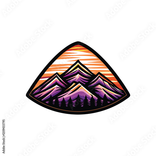 Design a layered mountain logo with sunset colors, suitable for an outdoor brand. The logo should be modern, minimalist, and evoke a sense of adventure.