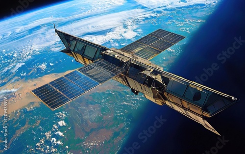 A sleek metallic satellite with solar panels extended, orbiting gracefully against the vibrant blue and green hues of Earth, viewed from space photo