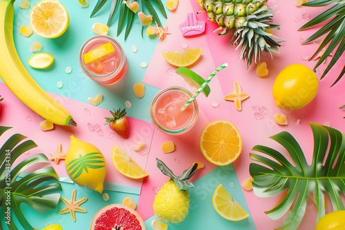 A vibrant summer-themed mockup showcasing various design elements, bright colors, tropical patterns, playful graphics. Generative Ai. photo