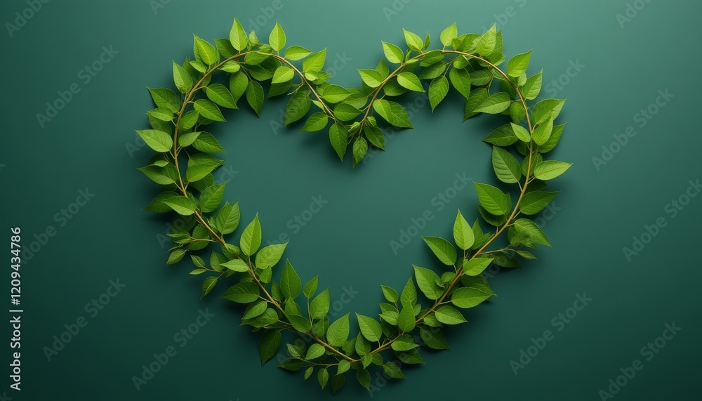 Green leafy heart shape on dark green background Green leafy heart shape on dark green background