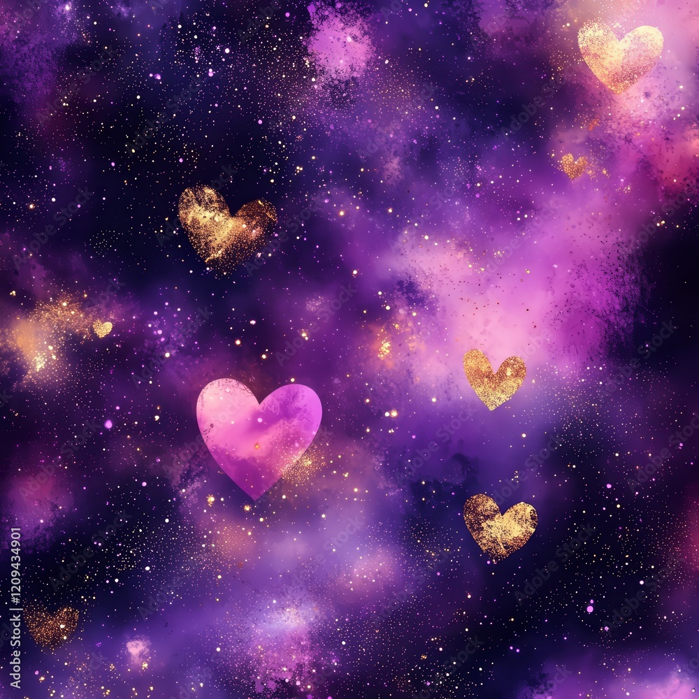 Obraz premium Cosmic Love: A celestial tapestry of shimmering stardust, swirling galaxies, and ethereal pink and gold hearts evokes a sense of wonder and cosmic love.