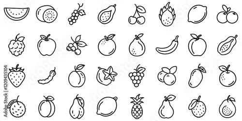 Fruits icons. Set of black linear icons of fruits and berries. Fruits and berries symbols. Vector illustration