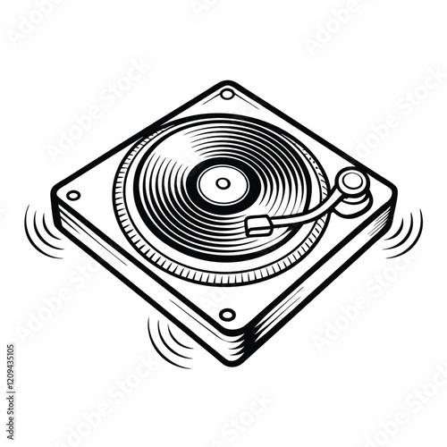 Minimalist line art illustration of a vintage record player with stylized sound waves emanating from the speaker.