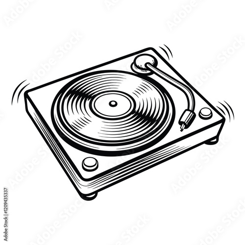 A minimalist line art illustration of a record player with stylized sound waves emanating from the speaker.