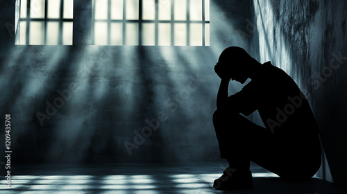 A silhouette of a prisoner sitting in a dark cell with head in hands, illuminated by light through barred windows, symbolizing despair and loneliness.  
 photo