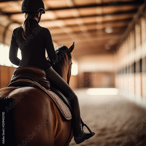 A female equestrian rider wearing a black helmet and riding attire sits on a horse inside an indoor riding arena.  
 photo