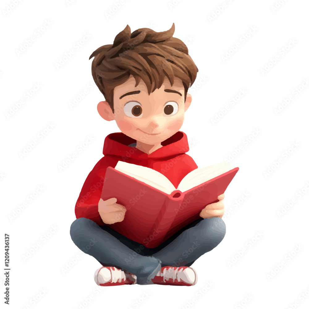 3D character sitting and reading a book, a cute boy with brown hair wearing a red hoodie and jeans against a white background 3D character sitting and reading a book, a cute boy with brown hair wearing a red hoodie and jeans against a white background