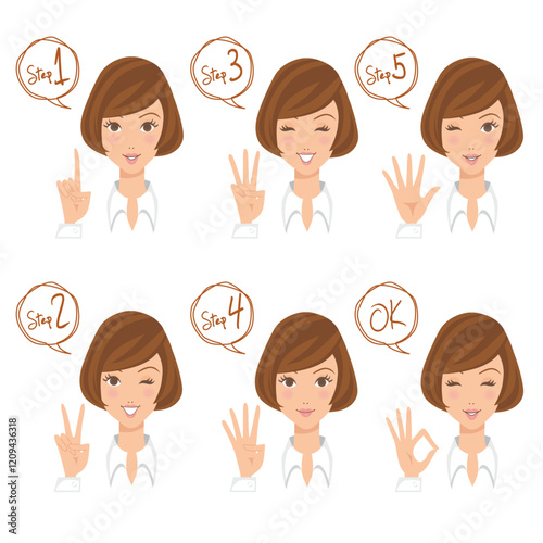 step1〜step5を指で数字を表現してる女性