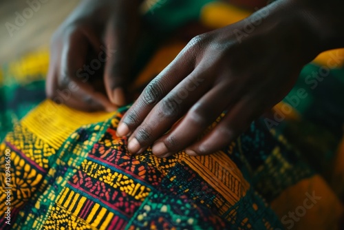Close-up hands sewing vibrant patterned fabric.