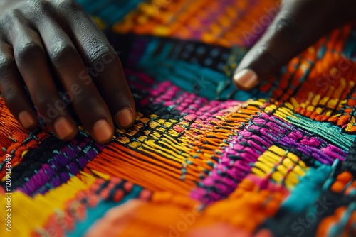Hands skillfully weave vibrant, colorful textile.