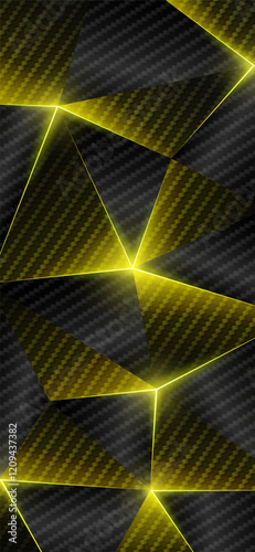Carbon fiber low poly gold smartphone wallpaper. Abstract geometric background, triangles. Shining triangle. Gray golden yellow background. Polygonal futuristic luxury style. Vector illustration