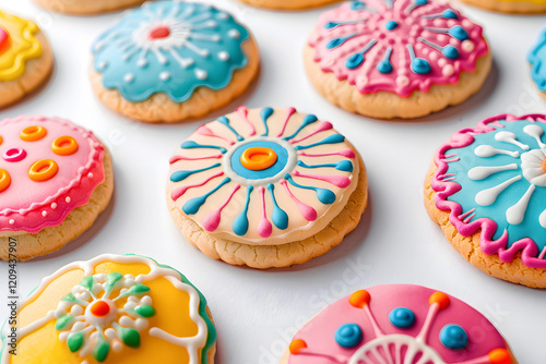 Artistic mockups of various cookie designs and sweets, showcased on a pristine white background, emphasizing vibrant colors, intricate details, and creative presentations, high resolut. Generative Ai. photo