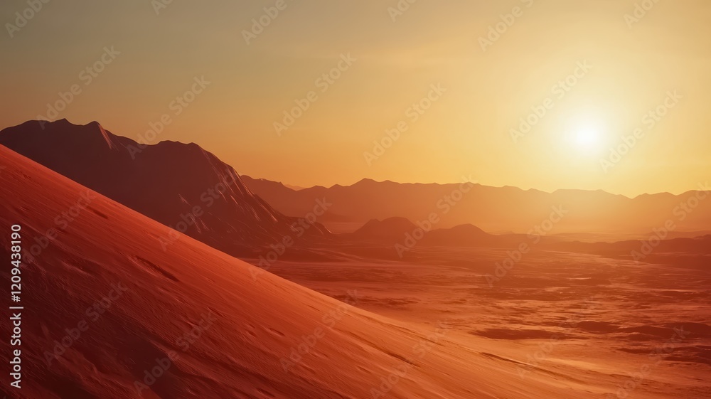 A stunning sunset over a vast desert landscape, showcasing rolling sand dunes and distant mountains illuminated by warm golden hues. A stunning sunset over a vast desert landscape, showcasing rolling sand dunes and distant mountains illuminated by warm golden hues.