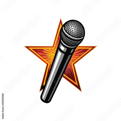 A close-up of a sleek, silver microphone against a vibrant starburst background, radiating light and energy.