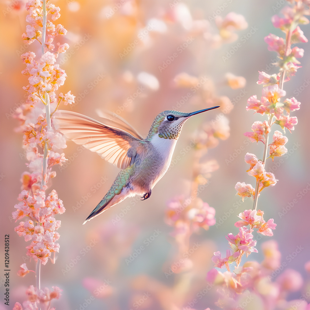 Fototapeta premium Hummingbird's Embrace: A delicate hummingbird hovers amidst a profusion of soft pink blossoms, wings outstretched in mid-flight, creating a breathtaking scene of natural grace and beauty.