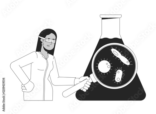 Microbiologist analyzing water sample black and white 2D illustration concept. Female scientist in lab coat inspecting microorganisms outline character isolated. Metaphor monochrome vector art