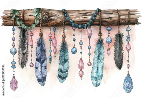 Boho dream catcher adorned with colorful feathers and beads for a stylish decor accent