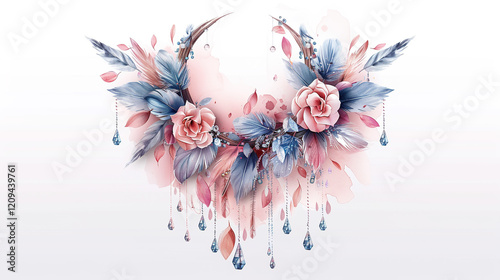 Boho dream catcher with floral designs and hanging decorations in soft pastel hues