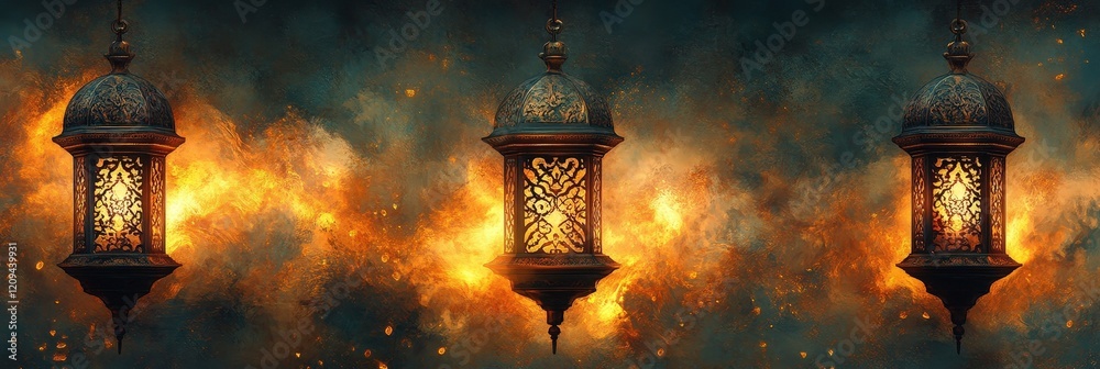Fototapeta premium Illuminated Lanterns Against a Cosmic Background: Ethereal Glow of Ornate Designs Capturing the Essence of Mystical Evenings