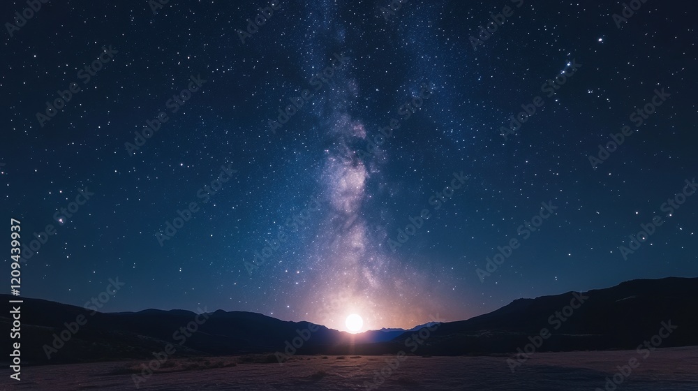 Stunning night sky illuminated by the Milky Way over tranquil mountain horizons. Stunning night sky illuminated by the Milky Way over tranquil mountain horizons.