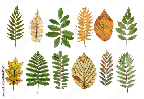 Dried leaves arranged for herbarium display capturing diverse plant species and colors photo