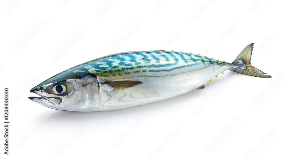 Fresh mackerel fish with vibrant markings on a white background ready for culinary use Fresh mackerel fish with vibrant markings on a white background ready for culinary use