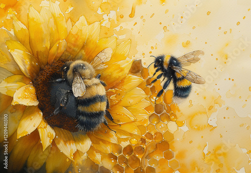 Honey watercolor depicting bees gathering nectar from a sunflower among golden honeycomb